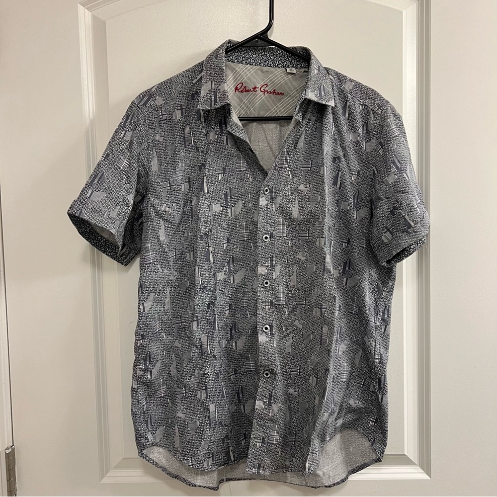 Robert Graham Shirt Mens Med Gray Geometric Button Up Short Sleeve Classic Fit